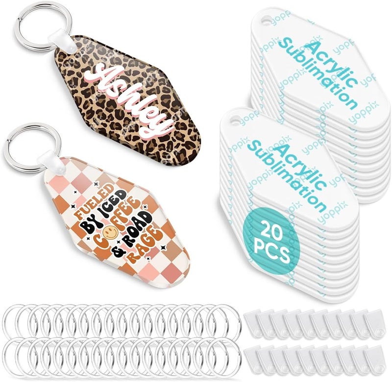 YOPPIX 60 Pcs Sublimation Acrylic Motel Keychain Blanks, with 20 Fixing Clips and 20 Key Rings for Heat Transfer Keychain Bag Decor Room Labels Hotel Key Tags Home Gift Crafts Supplies - Image 1